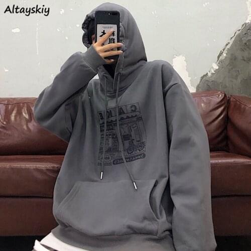 Winter Hoodies Women Aesthetic Long Sleeve Cartoon Sweatshirts Korean Style Kawaii Loose Warm Plus Velvet Thicker Khaki Clothes