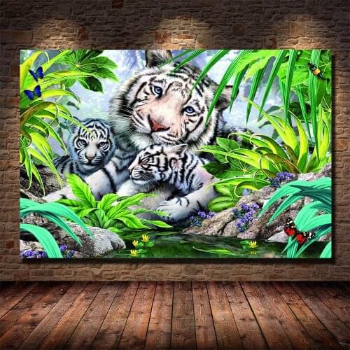 White Tiger Family 5D Diamond Painting Landscape Mosaic Cross Stitch Home Decorative Picture Hanging Wall Art Gift