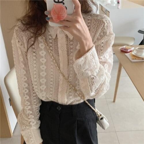 Alien Kitty Summer All Match Sexy Lapel Hook Flowers Chic Sweet 2021 Sunscreen Shirts Full Sleeves Hollow Out Gentle Blouses