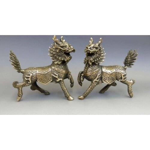Decoration bronze factory outlets Pure Brass A Pair of Elaborate Chinese Copper Animal Fengshui kylin unicorn Foo Dog Statue