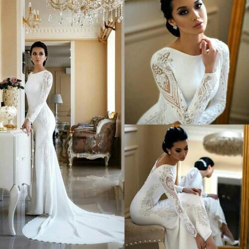 Elegant Long Sleeve Mermaid Wedding Dress with Lace Appliqued Satin Boho Beach Wedding Gowns Sequined Vestido De Novia