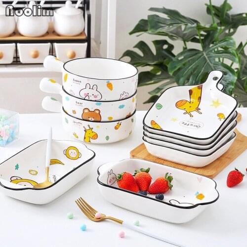European Ceramic Cute Cartoon Binaural Baking Pan With Handle Simple Salad Bowl White Porcelain Oven Dessert Plate Tableware