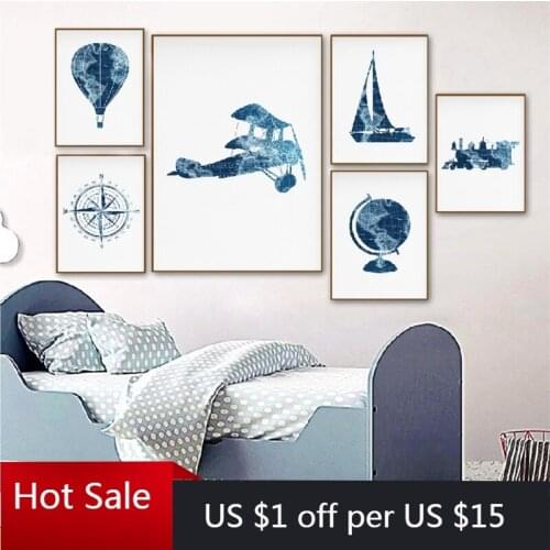 Blue Travel Nursery Art Canvas Painting Pictures Hot Air Balloon Prints Train World Map Adventure Poster Kids Room Decor Wall De