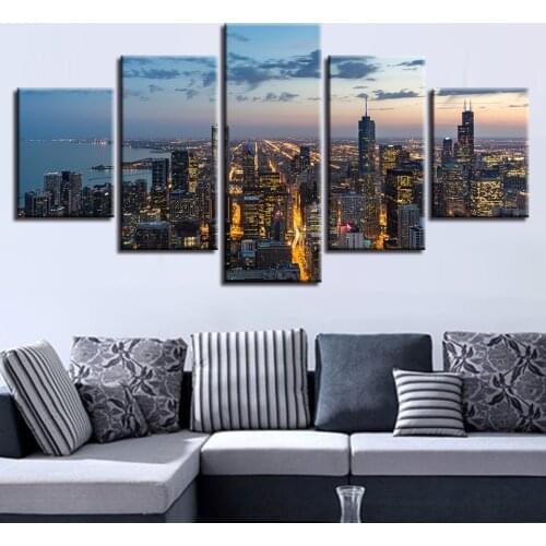 Hd Night Scene Canvas Painting Prosperous City High-Rise Building Decor Living Room Wall Art Poster 5 Piece Set Frameless Mural