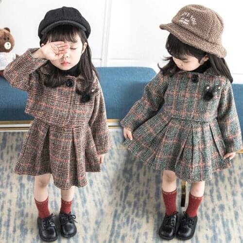Girls Wool Clothing Set 2 Pcs Baby Kids Woolen Shawl Jacket + Vest Dress Twinset Childrens Casual Plaid Woollen Clothes P301