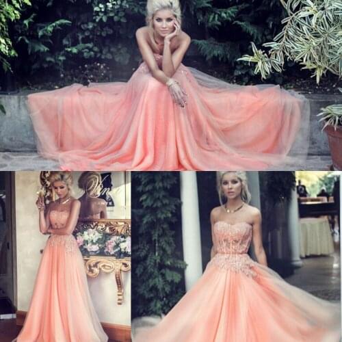 Beautiful Elegant Evening Dresses Strapless Sleeveless A Line Floor Length Backless With Appliques Organza Evening prom Gown