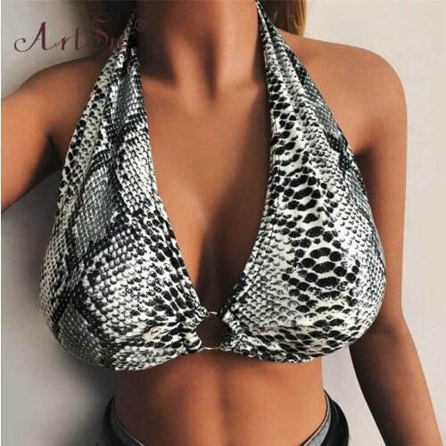 ArtSu Leopard Print Halter Deep V-Neck Crop Top Women Sexy Backless Push Up Club Tank Tops Streetwear Lady White Tops