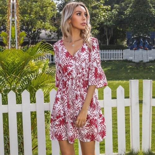 Summer Flare Sleeve V Neck Floral Print Dress Women Big Swing Ruffle Boho Streetwear Casual Loose Beach Fashion Ladies Dresses