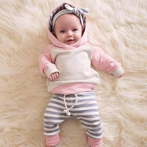 Hot Sale!!3PCs Toddler Baby Girls Clothes Outfits Set Long Sleeve Hoodie Tops+Stripe Pants+Headband Infant Newborn Clothing