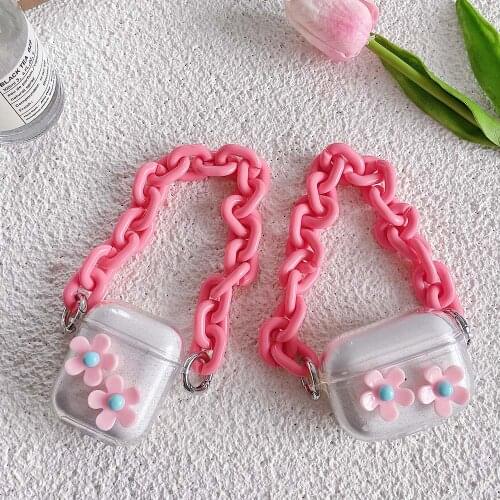 Cute 3D Pink Flower Glitter Earphone Case For AirPods 2 1 Bluetooth Earphone Protection Cover For AirPods Pro Case with Bracelet