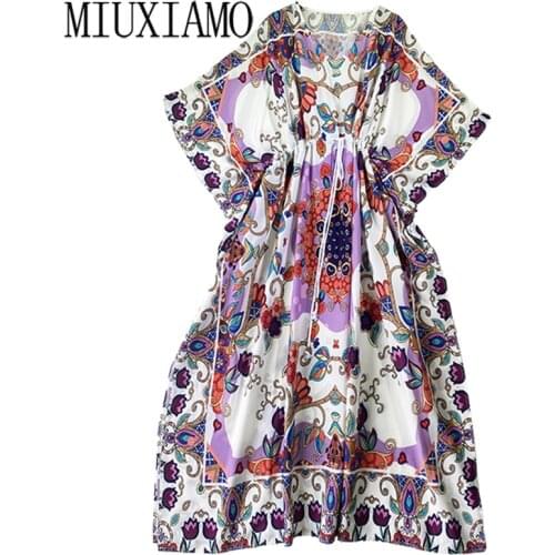 MIUXIMAO 2021 Bohemian Plus Size Dress V-neck Sleeve Maxi Dress Women Silk Floor Length Colourful Flower Kaftan Dress Belt