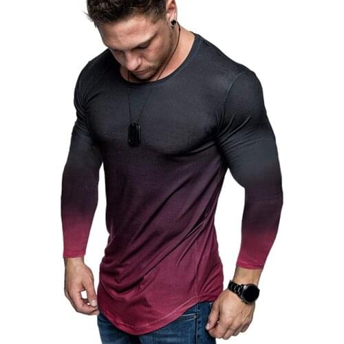 Fashion Long Sleeve T-Shirt for Men Casual Fitness T Shirt for Male Quick Dry Compression Gradient Color Printed Mens T-Shirts