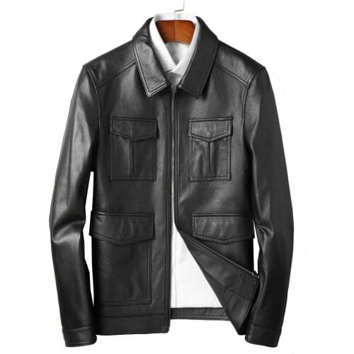 2020 New Casual Men Spring Classic Four Pockets Genuine Cowhide Leather Jacket Wine Red Good Quality Natural Leather Coats