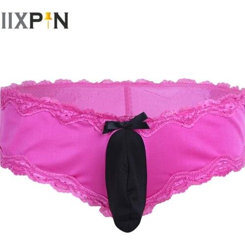 Mens Sissy Lingerie Male Lacework Bikini G String Briefs Underwear Gay Sexy Low-waisted Underpants with Bulge Pouch Sleepwear