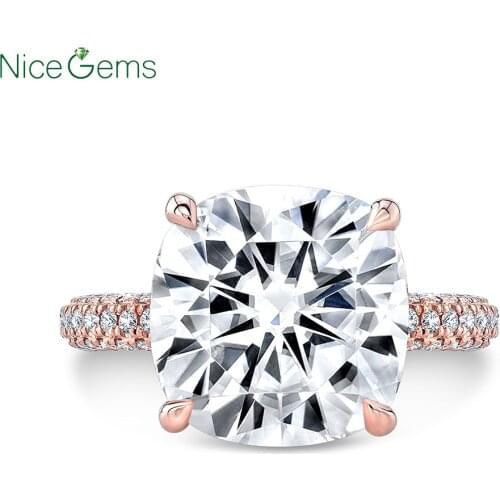 NiceGems 14K Rose Gold 5ct 10.5mm Cushion cut GH Color Moissanite 3 sided pave setting double invisible halos Engagement ring