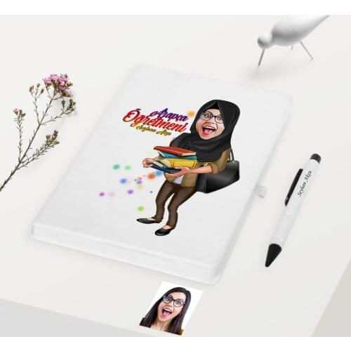 Personalized Veil Lady Teacher Themed Caricature Of White Notebook Pen Gift set-2