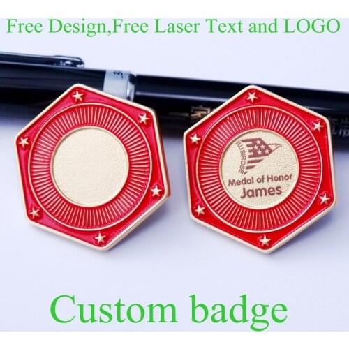 Personalized Medal of Honor badges, hexagonal commemorative badge, metal pin custom, free laser text and logo,star blank badge