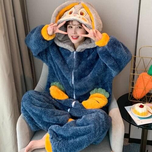 Richkeda Store New 2021 Plush Winter Pajamas Fashion Home Wear Women Sleepwear Cartoon Hooded Coral Velvet Nightgown