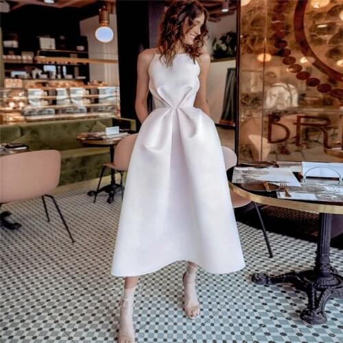 Simple Tea-length Short Wedding Dresses A-line Satin Bridal Gowns Spaghetti Straps Open Back Beach Boho Princess Robe Party 2021