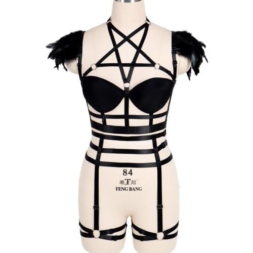 Adjustable Goth Feather Pentagram Harness Belt Rave Wear Sword Belt Womens Underwear Stocking Garter Fetish Erotic Lingerie
