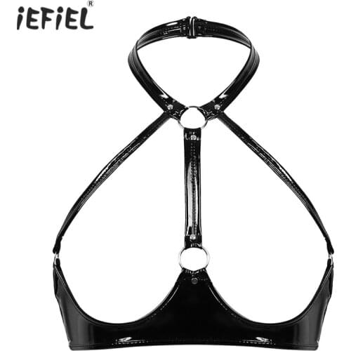 Sexy Lingerie Open Bra Bralette Harness Top Womens Latex Bra Halter Neck Wet Look Leather Backless Wire-free Shelf Bra Clubwear
