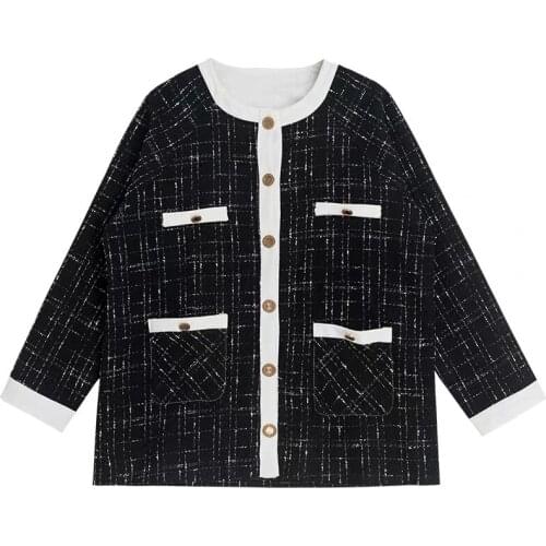 PERHAPS U Women Black White Tweed Single-breasted Patchwork Outwear Button O Neck Vintage Retro Coat Pocket C0226