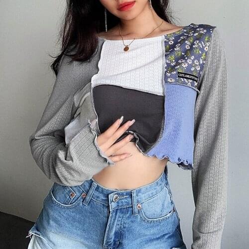 SEASONS Long Sleeve Floral Knitted Top Patchwork Loose Streetwear T-shirt Summer Autumn Basic Casual Women Clothes ASTS81340