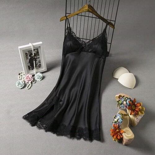 Womens Sexy Sling Lace Spliced Nightgowns Dress Spaghetti Strap Cool Thin Sleepwear Chest Pad V-Neck Solid Nightdress