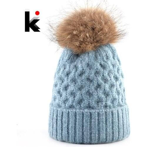 Womens Winter Beanie Ladies Warm Knitted Wool Beanies Hat With Real Fur PomPom Ball Girls Solid Color Knit Woolen Gorras Bonnet