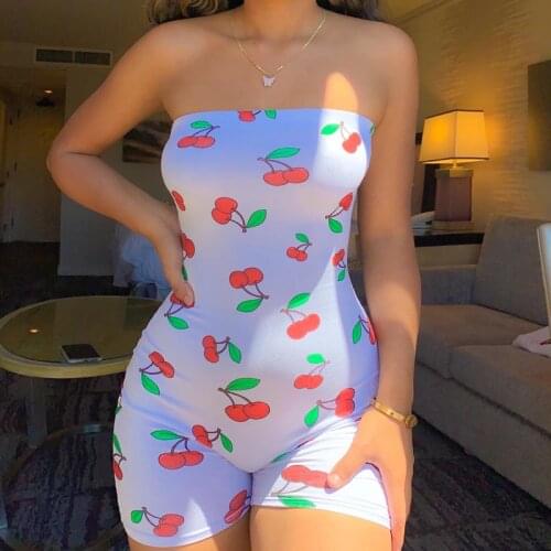 2021 Fashion Strapless Cherry Print Playsuit Women Sexy Skinny Jumpsuit Off Shoulder Sleeveless Romper Clubwear Streetwear