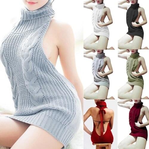 2020 Summer Autumn Sexy Sweater Women Knitted Pullover Sweater Sleeveless Turtleneck Slim Jumpers Pull Womens Cosplay Dress