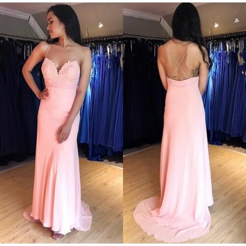 Elegant Long Pink Chiffon Prom Dresses with Pockets A-Line Criss Cross Back Abendkleider Robes de Soirée for Women