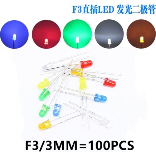 100pcs/lot F3 red hair red 3mm in-line LED white blue yellow orange common green LED full range