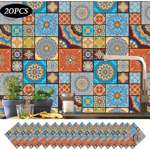 20Pcs/Set Retro Morocco Tile Wall Sticker DIY Self-adhesive Waterproof Mural Wallpaper for Kitchen Bathroom