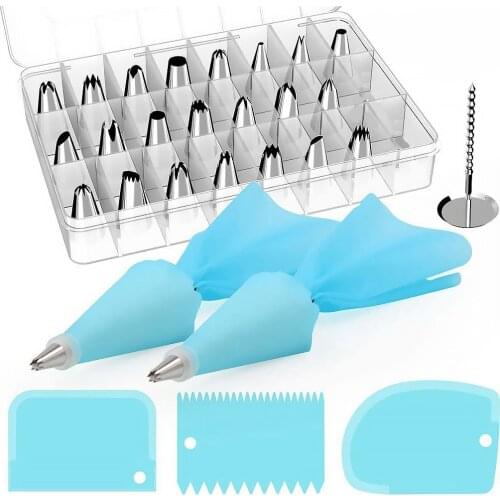 33Pcs Cake Decorating Supplies Kit 24pcs Multiple Types Stainless Icing Tips Piping Nozzles Scrapers Pastry Baking Tools