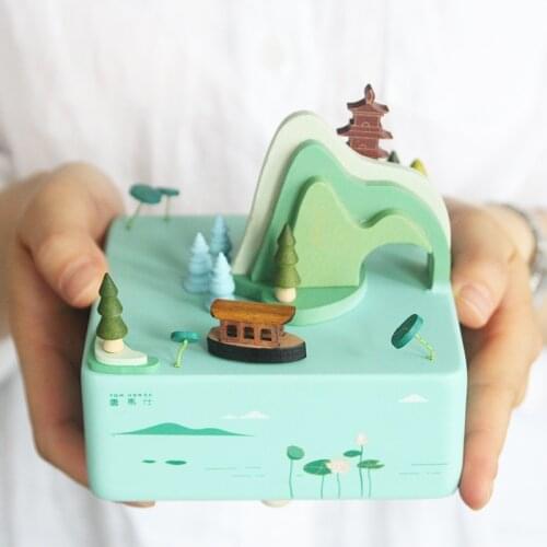 Chinese Style Wooden Music Box Hangzhou West Lake Scenes Home decoration Bedroom Crafts Christmas Valentines Day gift For Wife