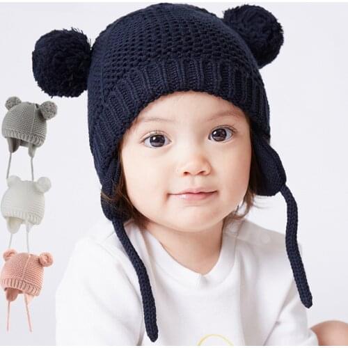 Baby Winter Pompom Hat Girl Boy Knitted Beanie Skullies Hats Scarf Set Boy Bomber Caps with Fleece Lining for Kids
