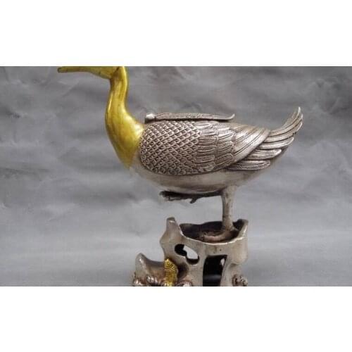 China buddhism folk white bronze silver lucky duck incense burner censer Statue