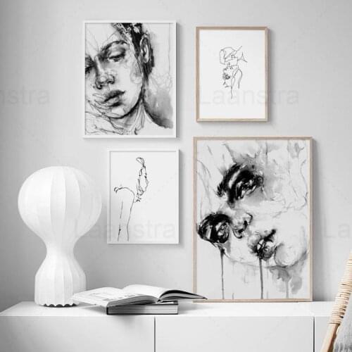 Gouache Canvas Print Girl Abstract Line Figure Black & White Modern Decoration Poster Mural Wall Art for Living Room Bedroom Dec