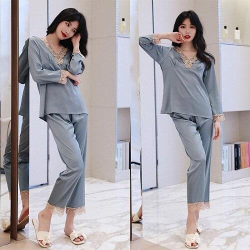 FZSLCYIYI Summer Solid Color Satin Long Sleeve Pullover Pants Pajama Set Sleepwear Bride Bridesmaid Wedding Nightwear Homewear