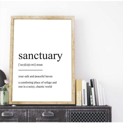 Sanctuary Definition Quote Print Minimalist Poster Modern Wall Art Canvas Painting Black White Wall Picture Home Room Decor