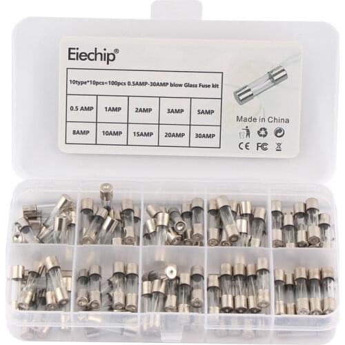 100pcs/lot Set Kit 5x20mm Fuse Assorted Kits DIY Quick Blow Glass Tube Fast-blow Glass Fuses 0.5A 1A 2A 3A 5A 8A 10A 15A 20A 30A