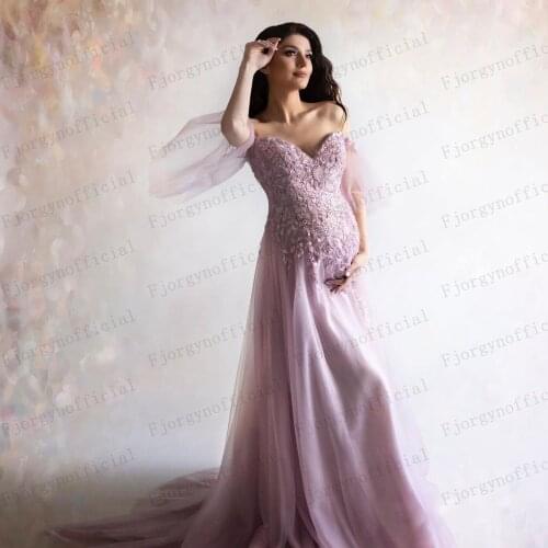 Unforgetable Pink Lace Applique A-Line Maternity Dresses for Photoshoot Off Shoulder Pregnancy Dress Robe Shooting Grossesse