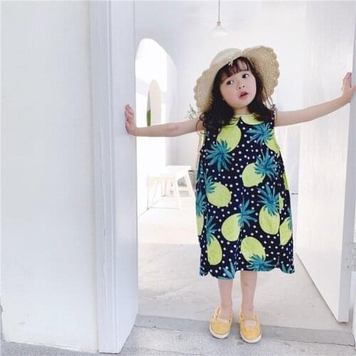 2 3 4 5 Y Toddler Girls Dress Fashion Pineapple Print Sleeveless Cotton Doll Collar Kids Clothing Summer Seaside Vacation Dress