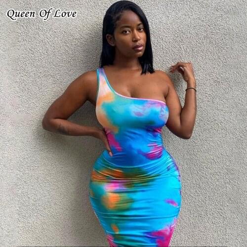 One Shoulder Mid Dress Summer Tie Dye Print Sexy Club Party Sleeveless Bodycon Dresses 2021 Summer Fashion Elegant