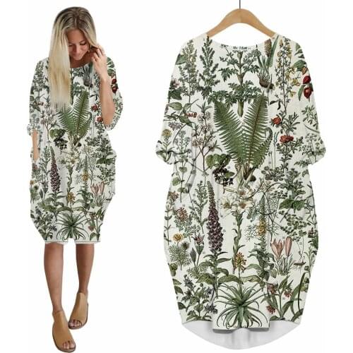 CLOOCL Popular Retro Weed Flower 3D Printed Dress Fashion Funny Women Dress with Pockets Party Clothing Long-sleeve Female Dress