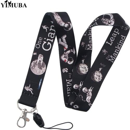 Black Universe Outer Space Astronaut Lanyards Keychain Cartoon Printed Moon Planet Webbing Neck Straps Mobile Phone Hanging Rope