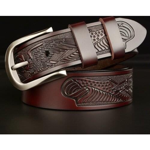Luxury High Quality Fashion Trend Mens Belt Cowhide Eagle Carved Leisure Needle Buckle Belt Personalized Jeans Male Waistband