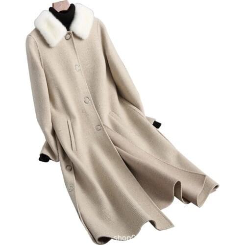 Wool Coat Women Double Sided Long Jacket Mink Fur Collar Korean Autumn Winter Ladies Coats and Jackets Abrigo Mujer