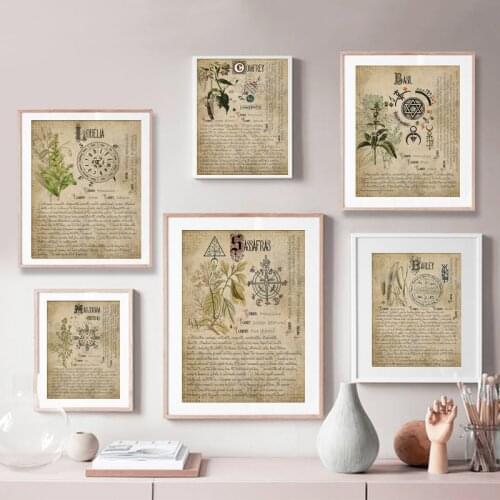 Vintage Witchcraft Grimoire Herbal Pages Poster Book of Shadows Canvas Prints Plants Herbarium Wall Art Pictures Paintings Decor